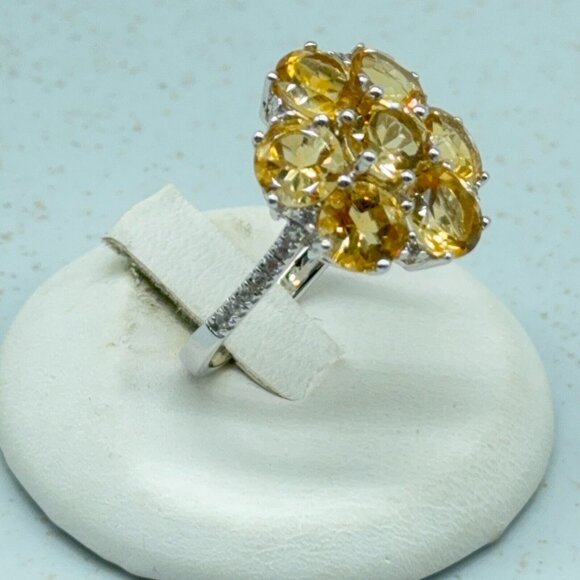 Citrine Cluster Flower Sterling Silver Ring 4.61ct Prong Set White Zircon Accent - Picture 7 of 10